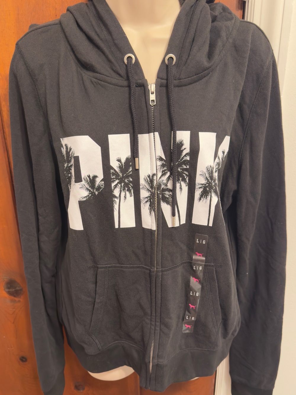 Victoria’s Secret PINK Perfect Full Zip Hoodie Black Palm Tree Large NWT 2014